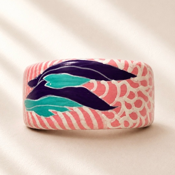 Vintage Jewelry - Vintage Hand Painted Wood Bangle Bracelet Pink Blue Abstract Botanical Chunky